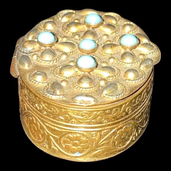 Antique Gold-Tone Brass Trinket Box With Turquoise Accents & Floral Design - Picture 7 of 9